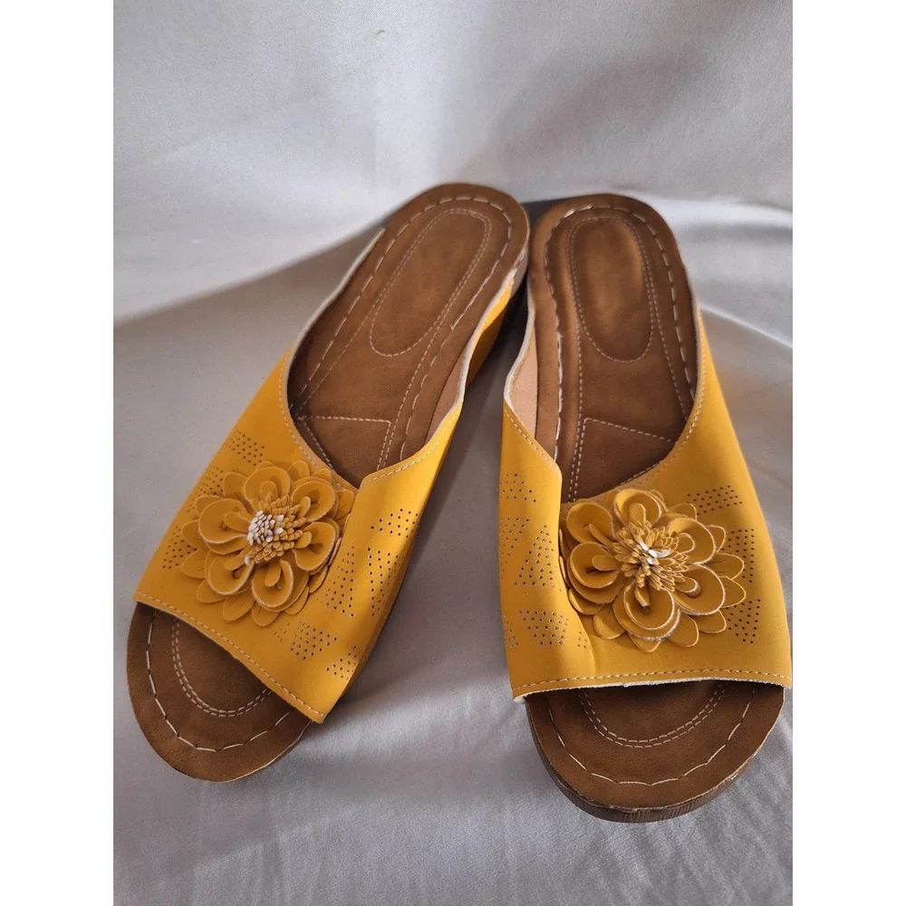 Yellow Floral Slide Sandals Women Low Wedge Perforated Open Toe Shoes Size 44